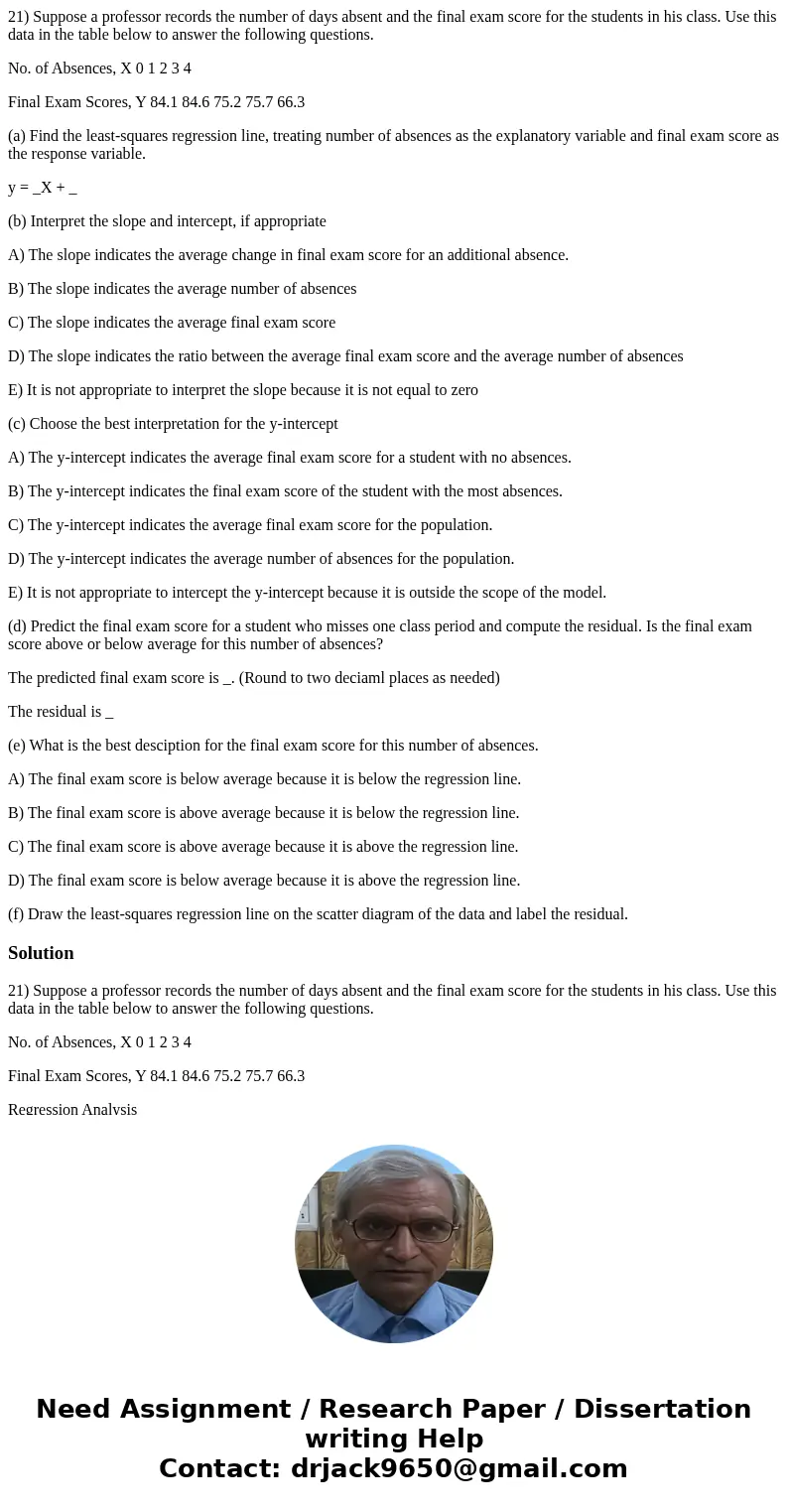21) Suppose a professor records the number of days absent and the final exam score for the students in his class. Use this data in the table below to answer the