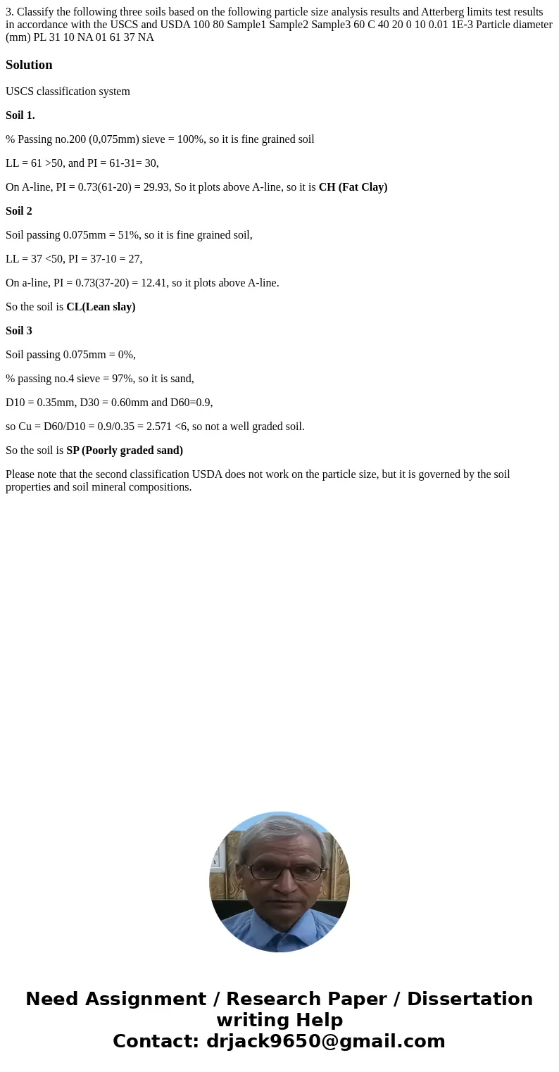 3. Classify the following three soils based on the following particle size analysis results and Atterberg limits test results in accordance with the USCS and U  3. Classify the following three soils based on the following particle size analysis results and Atterberg limits test results in accordance with the USCS and U