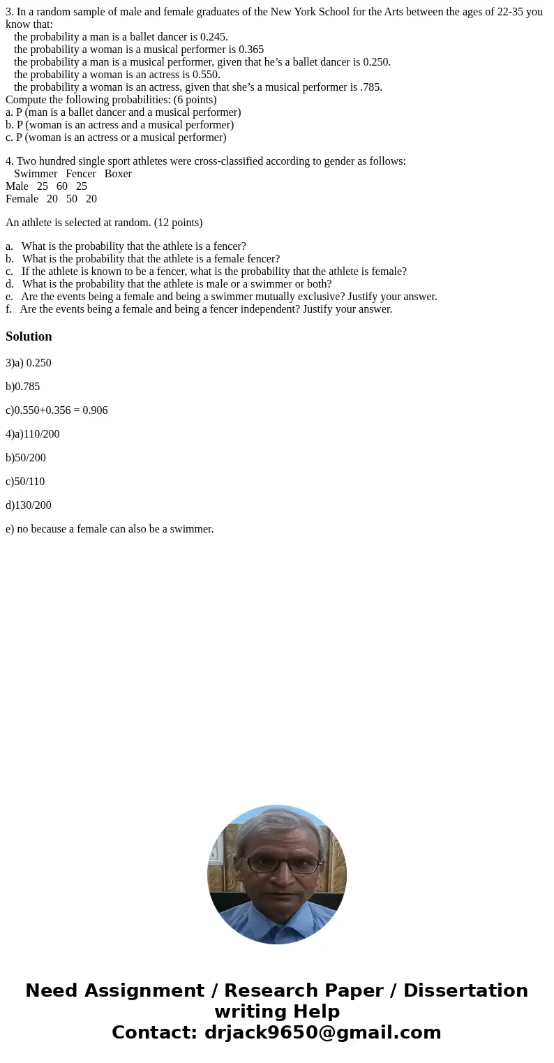 3. In a random sample of male and female graduates of the New York School for the Arts between the ages of 22-35 you know that: the probability a man is a balle 3. In a random sample of male and female graduates of the New York School for the Arts between the ages of 22-35 you know that: the probability a man is a balle