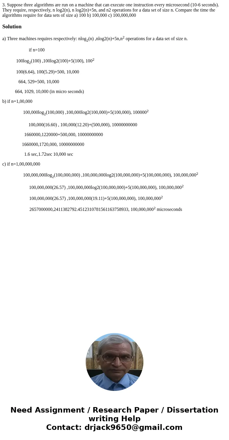 3. Suppose three algorithms are run on a machine that can execute one instruction every microsecond (10-6 seconds). They require, respectively, n log2(n), n lo  3. Suppose three algorithms are run on a machine that can execute one instruction every microsecond (10-6 seconds). They require, respectively, n log2(n), n lo