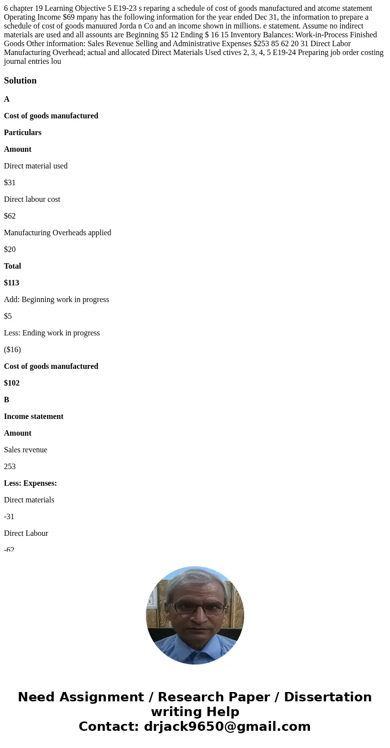 6 chapter 19 Learning Objective 5 E19-23 s reparing a schedule of cost of goods manufactured and atcome statement Operating Income $69 mpany has the following   6 chapter 19 Learning Objective 5 E19-23 s reparing a schedule of cost of goods manufactured and atcome statement Operating Income $69 mpany has the following
