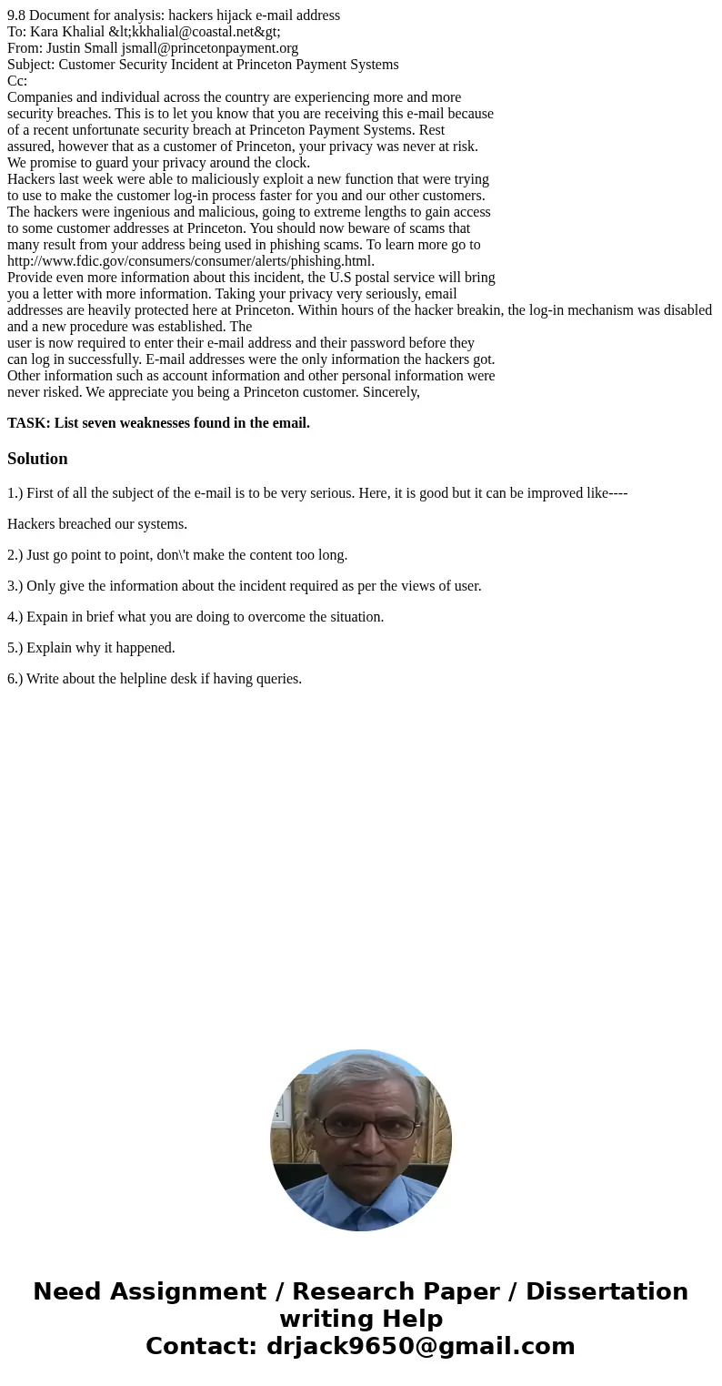 9.8 Document for analysis: hackers hijack e-mail address To: Kara Khalial <kkhalial@coastal.net> From: Justin Small jsmall@princetonpayment.org Su 9.8 Document for analysis: hackers hijack e-mail address To: Kara Khalial <kkhalial@coastal.net> From: Justin Small jsmall@princetonpayment.org Su