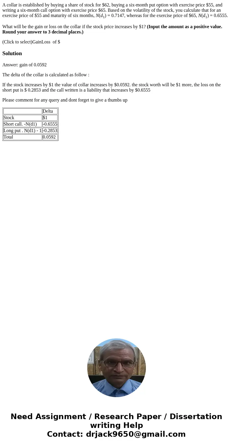 A collar is established by buying a share of stock for $62, buying a six-month put option with exercise price $55, and writing a six-month call option with exer A collar is established by buying a share of stock for $62, buying a six-month put option with exercise price $55, and writing a six-month call option with exer