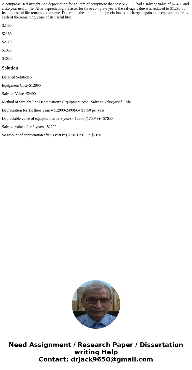 A company used straight-line depreciation for an item of equipment that cost $12,900, had a salvage value of $2,400 and a six-year useful life. After depreciati