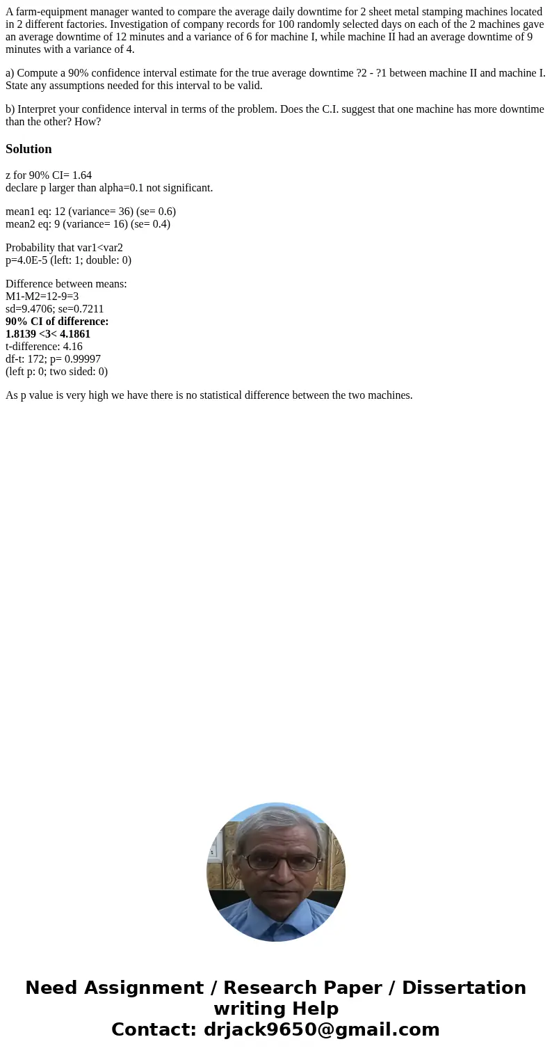 A farm-equipment manager wanted to compare the average daily downtime for 2 sheet metal stamping machines located in 2 different factories. Investigation of com