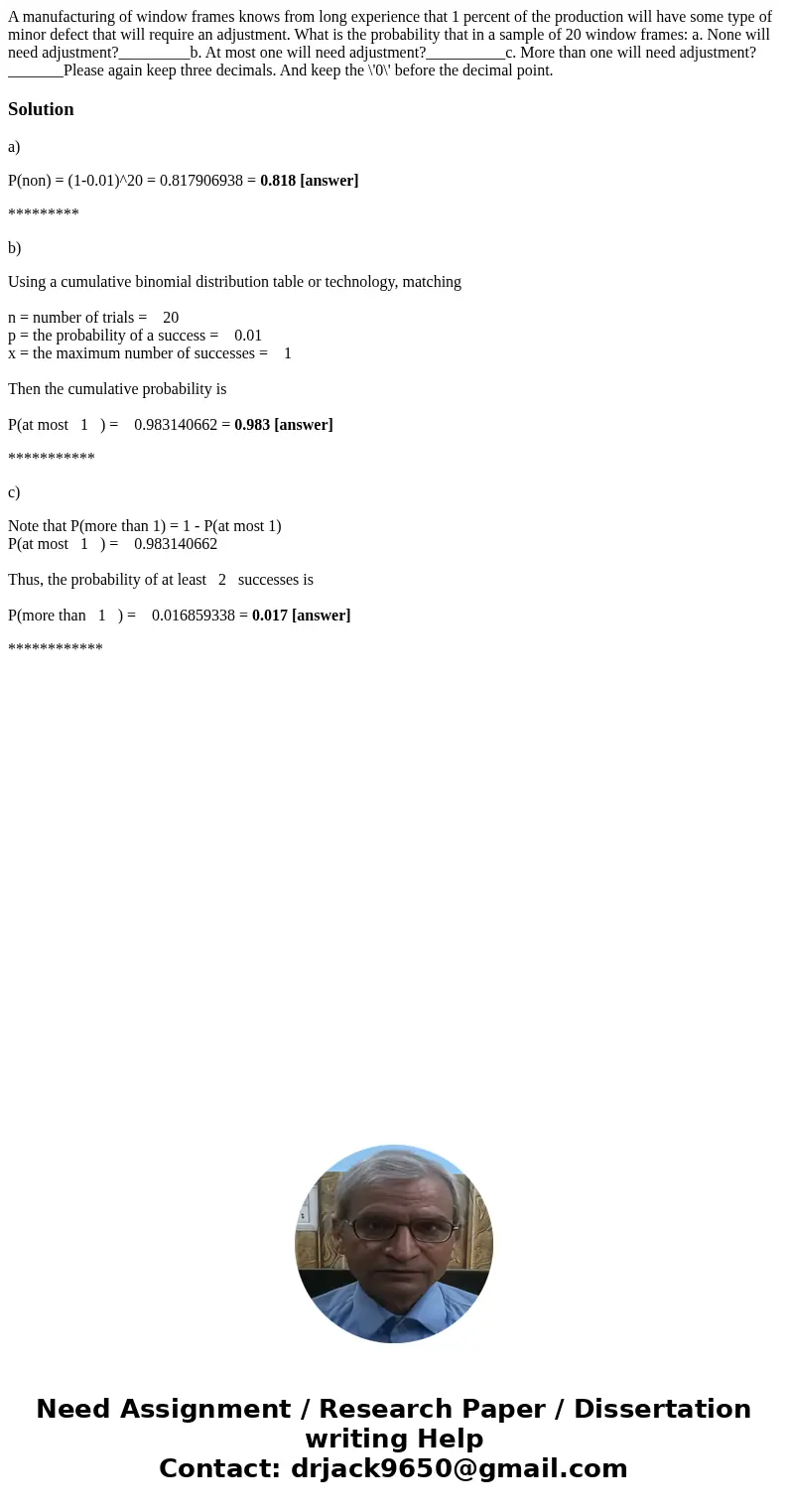 A manufacturing of window frames knows from long experience that 1 percent of the production will have some type of minor defect that will require an adjustment A manufacturing of window frames knows from long experience that 1 percent of the production will have some type of minor defect that will require an adjustment