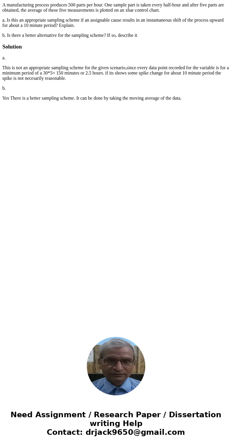 A manufacturing process produces 500 parts per hour. One sample part is taken every half-hour and after five parts are obtained, the average of these five measu A manufacturing process produces 500 parts per hour. One sample part is taken every half-hour and after five parts are obtained, the average of these five measu