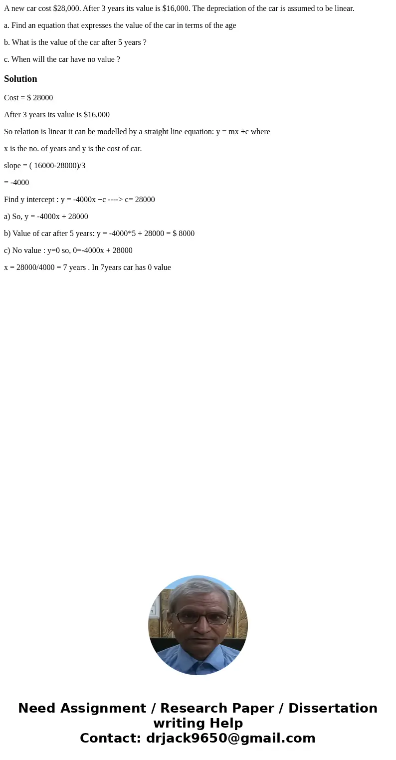 A new car cost $28,000. After 3 years its value is $16,000. The depreciation of the car is assumed to be linear. a. Find an equation that expresses the value of A new car cost $28,000. After 3 years its value is $16,000. The depreciation of the car is assumed to be linear. a. Find an equation that expresses the value of