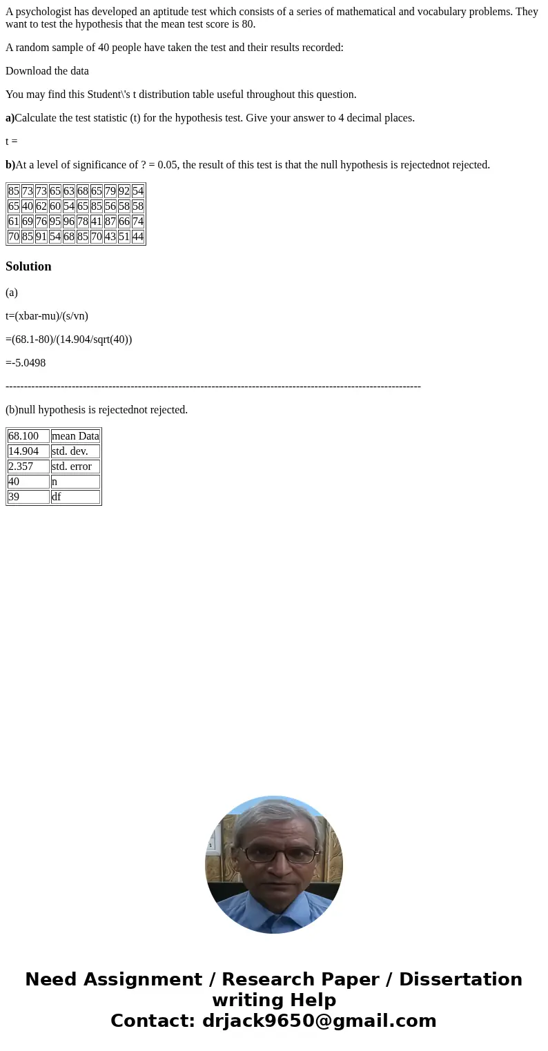 A psychologist has developed an aptitude test which consists of a series of mathematical and vocabulary problems. They want to test the hypothesis that the mean A psychologist has developed an aptitude test which consists of a series of mathematical and vocabulary problems. They want to test the hypothesis that the mean