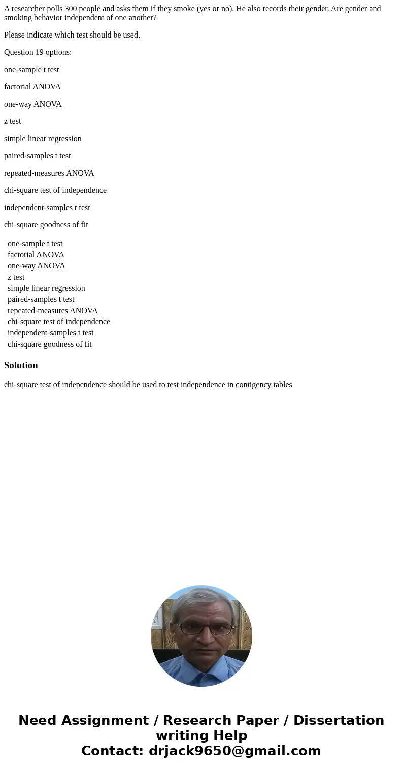 A researcher polls 300 people and asks them if they smoke (yes or no). He also records their gender. Are gender and smoking behavior independent of one another? A researcher polls 300 people and asks them if they smoke (yes or no). He also records their gender. Are gender and smoking behavior independent of one another?