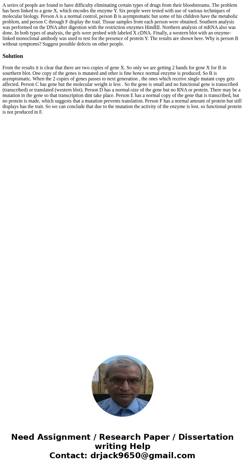 A series of people are found to have difficulty eliminating certain types of drugs from their bloodstreams. The problem has been linked to a gene X, which encod A series of people are found to have difficulty eliminating certain types of drugs from their bloodstreams. The problem has been linked to a gene X, which encod