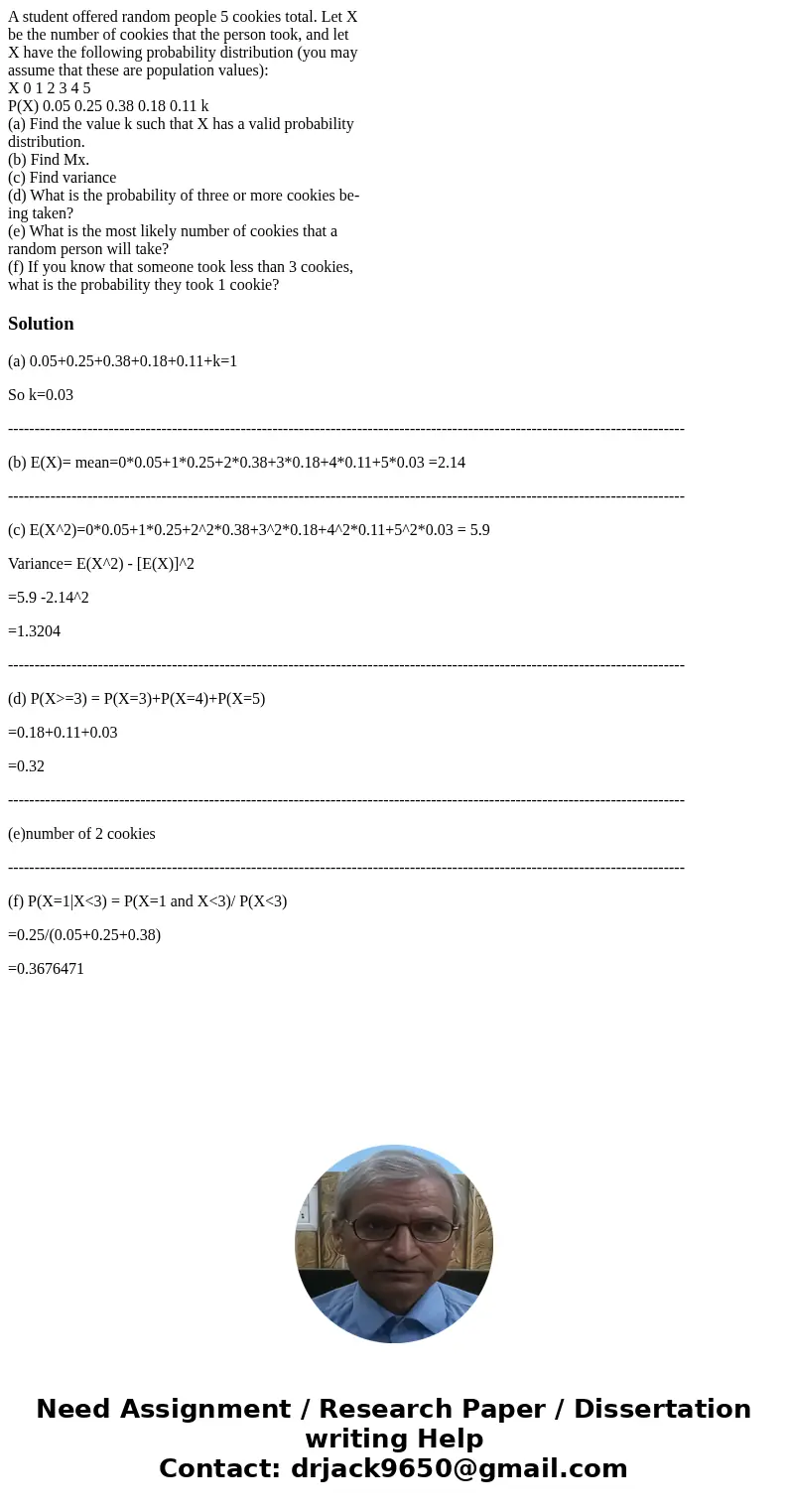 A student offered random people 5 cookies total. Let X be the number of cookies that the person took, and let X have the following probability distribution (you A student offered random people 5 cookies total. Let X be the number of cookies that the person took, and let X have the following probability distribution (you