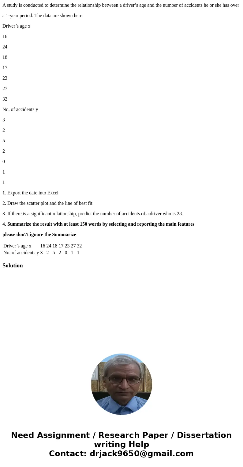 A study is conducted to determine the relationship between a driver’s age and the number of accidents he or she has over a 1-year period. The data are shown her A study is conducted to determine the relationship between a driver’s age and the number of accidents he or she has over a 1-year period. The data are shown her