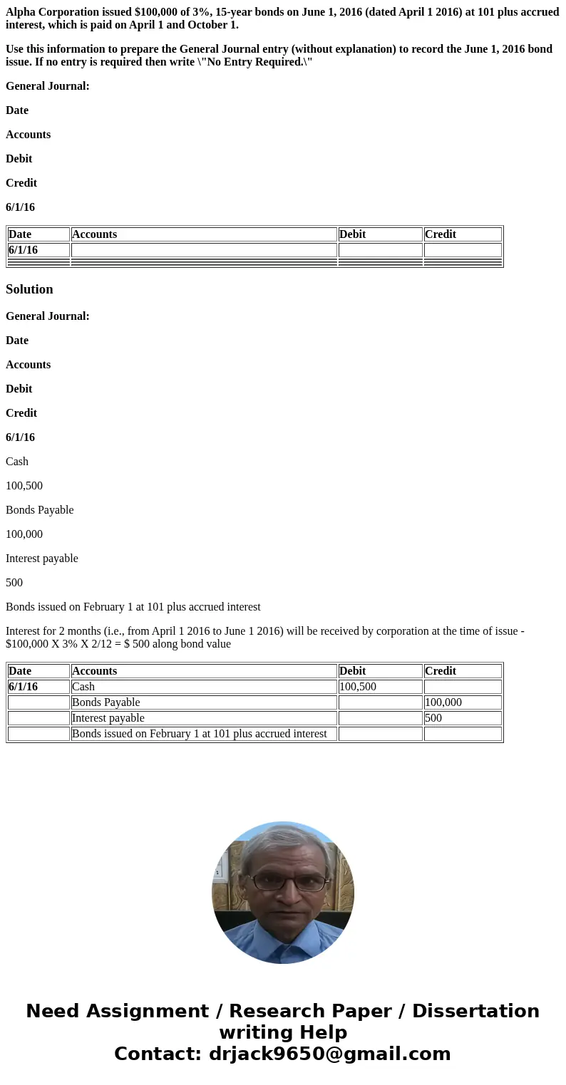 Alpha Corporation issued $100,000 of 3%, 15-year bonds on June 1, 2016 (dated April 1 2016) at 101 plus accrued interest, which is paid on April 1 and October 1 Alpha Corporation issued $100,000 of 3%, 15-year bonds on June 1, 2016 (dated April 1 2016) at 101 plus accrued interest, which is paid on April 1 and October 1
