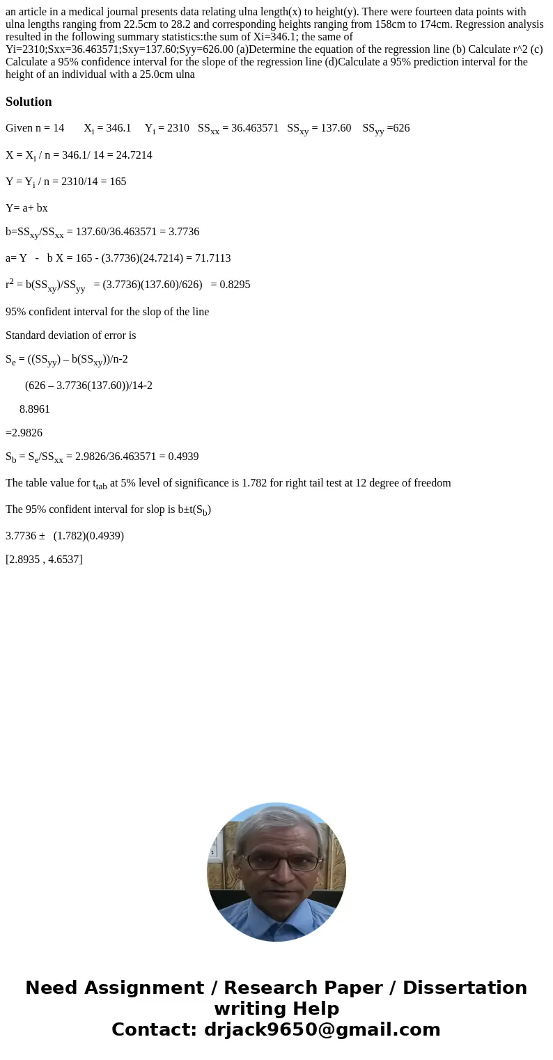 an article in a medical journal presents data relating ulna length(x) to height(y). There were fourteen data points with ulna lengths ranging from 22.5cm to 28. an article in a medical journal presents data relating ulna length(x) to height(y). There were fourteen data points with ulna lengths ranging from 22.5cm to 28.