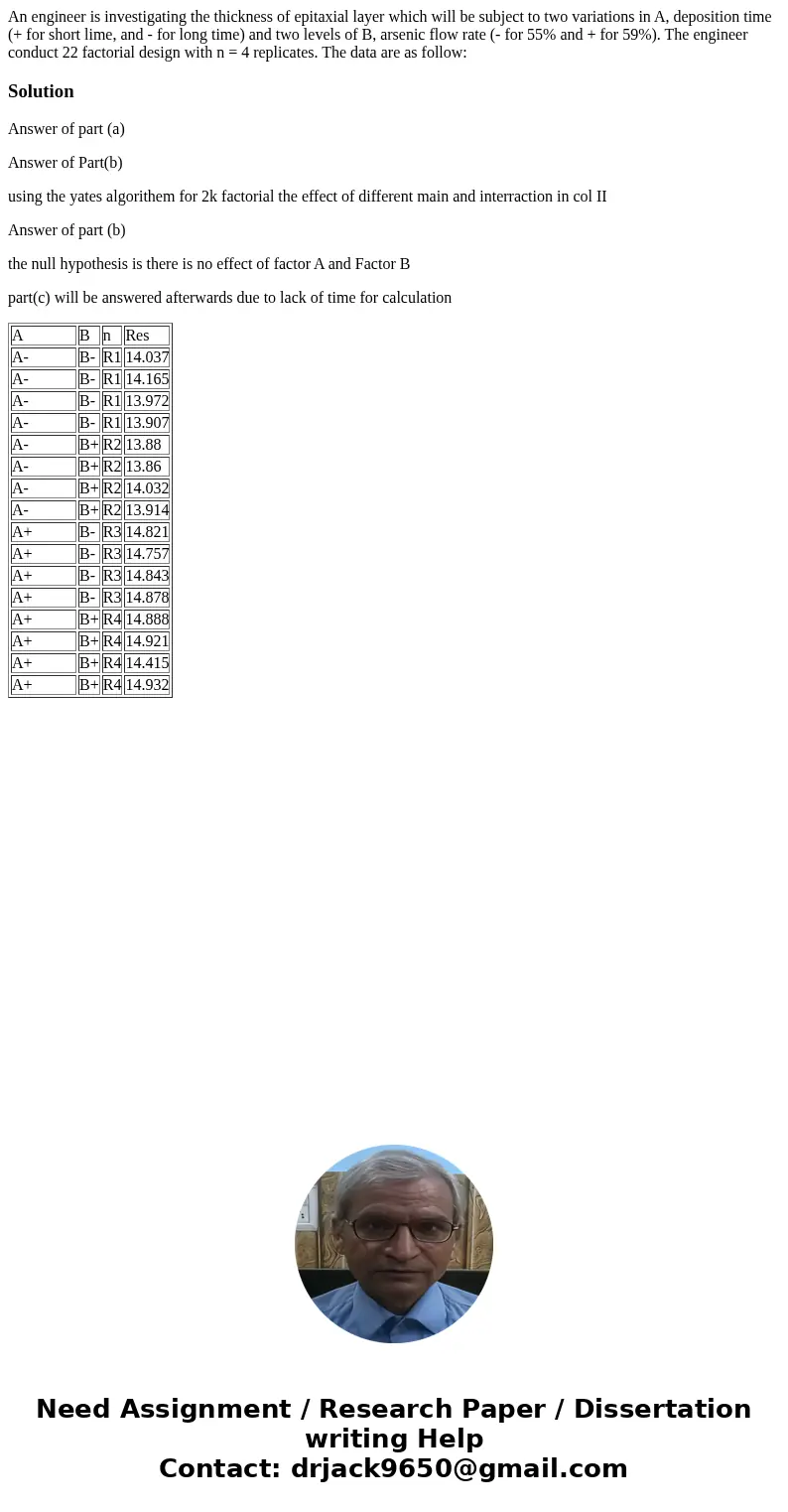 An engineer is investigating the thickness of epitaxial layer which will be subject to two variations in A, deposition time (+ for short lime, and - for long t  An engineer is investigating the thickness of epitaxial layer which will be subject to two variations in A, deposition time (+ for short lime, and - for long t