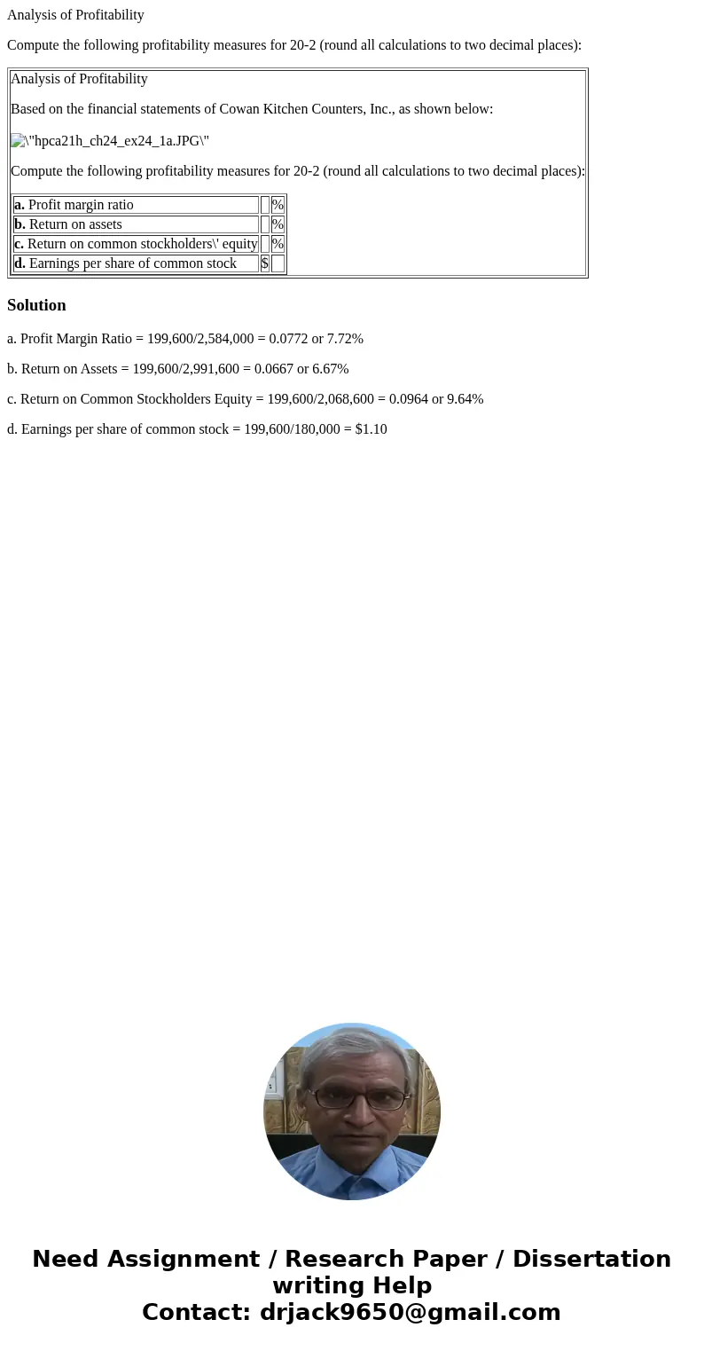 Analysis of Profitability Compute the following profitability measures for 20-2 (round all calculations to two decimal places): Analysis of Profitability Based  Analysis of Profitability Compute the following profitability measures for 20-2 (round all calculations to two decimal places): Analysis of Profitability Based
