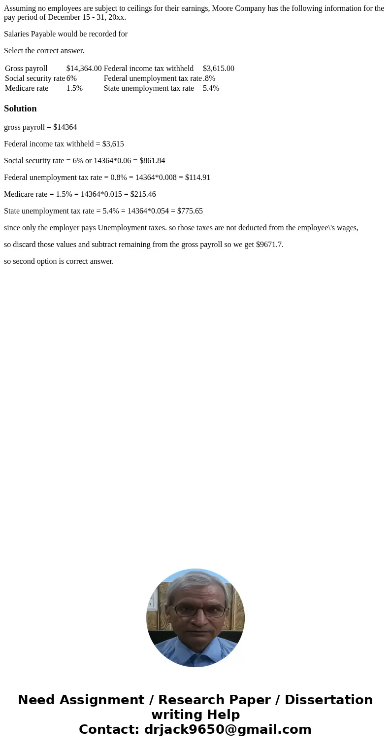 Assuming no employees are subject to ceilings for their earnings, Moore Company has the following information for the pay period of December 15 - 31, 20xx. Sala Assuming no employees are subject to ceilings for their earnings, Moore Company has the following information for the pay period of December 15 - 31, 20xx. Sala