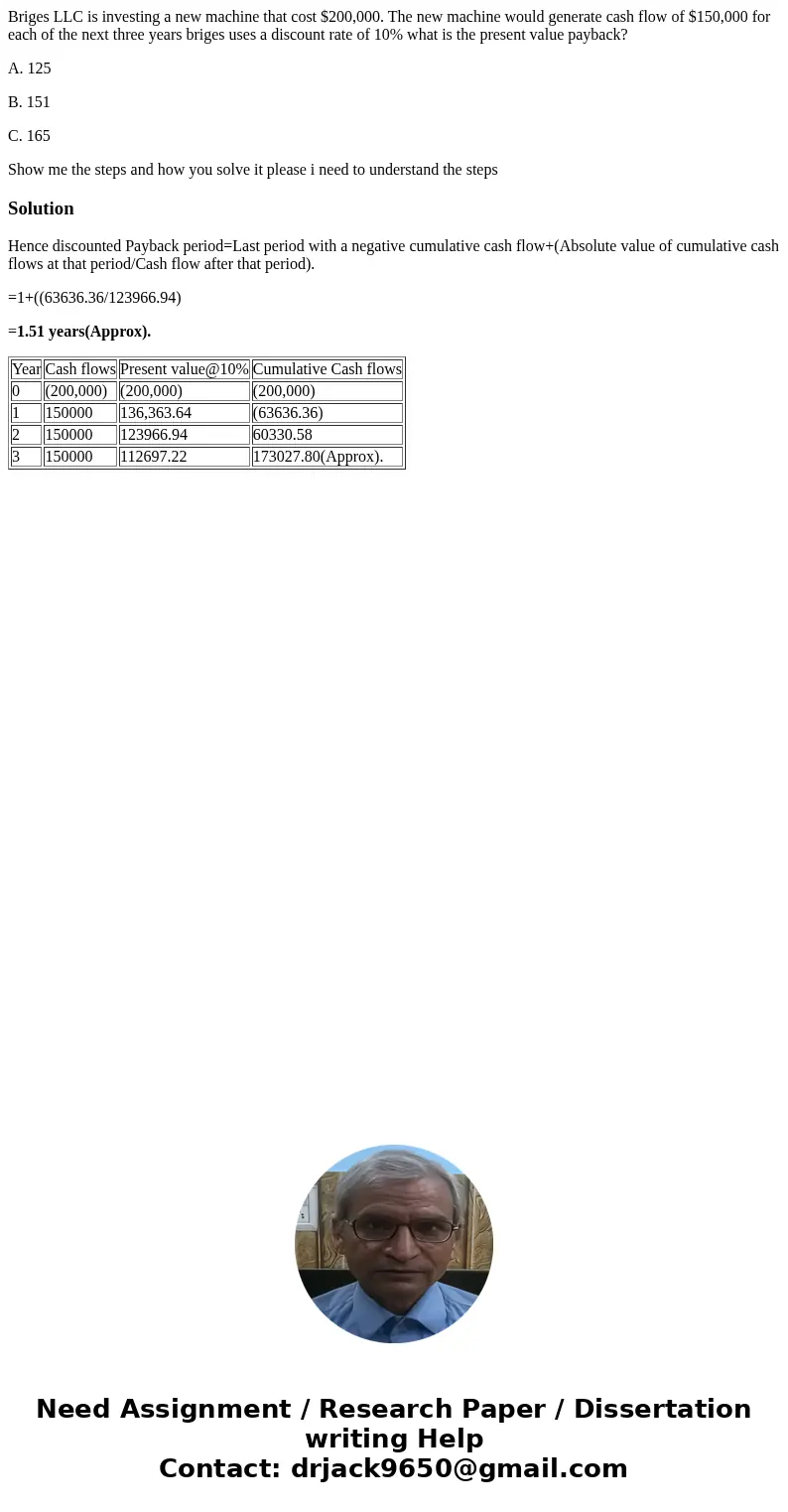 Briges LLC is investing a new machine that cost $200,000. The new machine would generate cash flow of $150,000 for each of the next three years briges uses a di Briges LLC is investing a new machine that cost $200,000. The new machine would generate cash flow of $150,000 for each of the next three years briges uses a di