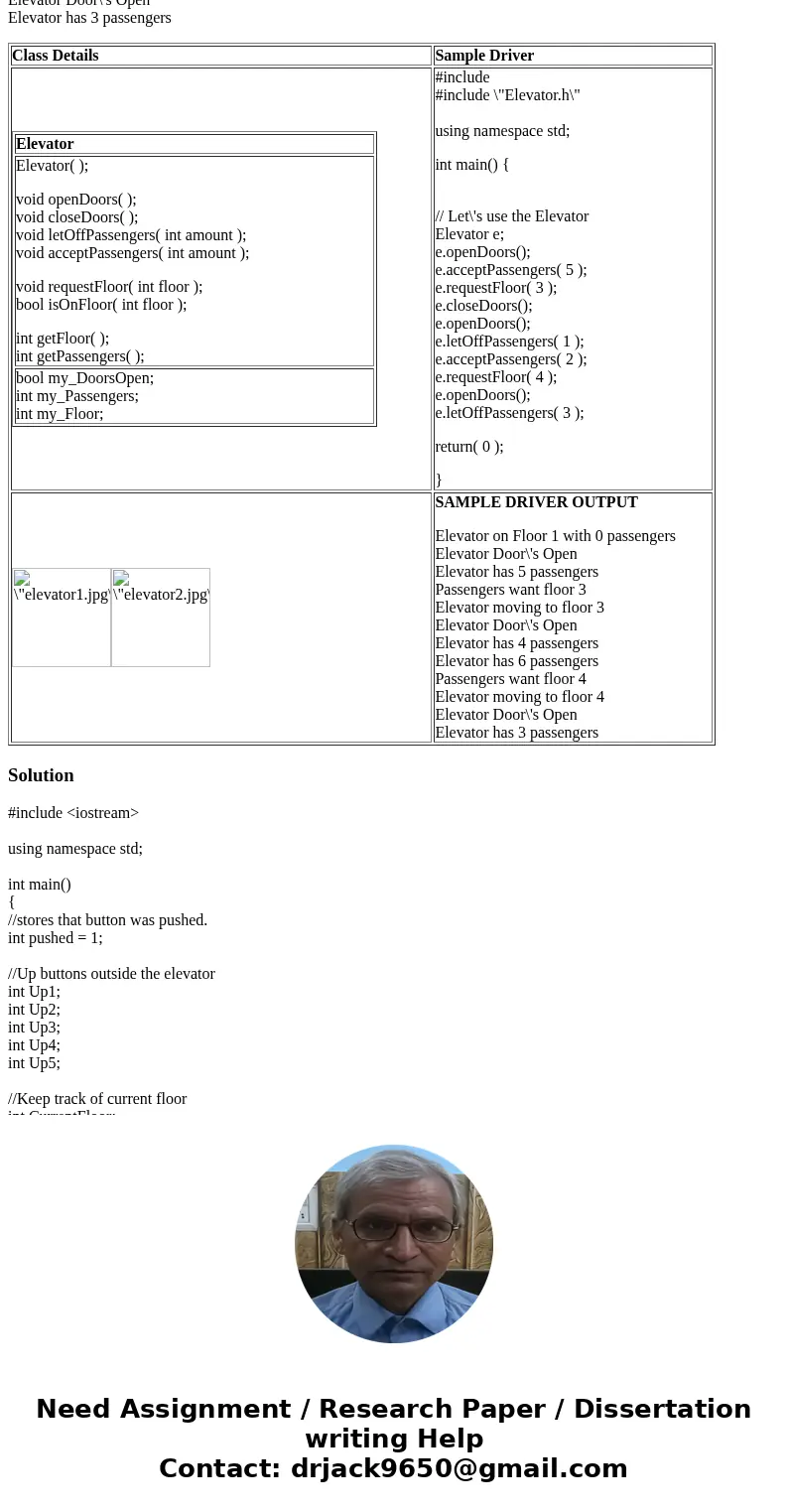 C++ Project 1: Elevator Following the class diagram shown below, create the class Elevator. An Elevator represents a moveable carriage that lifts passengers bet C++ Project 1: Elevator Following the class diagram shown below, create the class Elevator. An Elevator represents a moveable carriage that lifts passengers bet