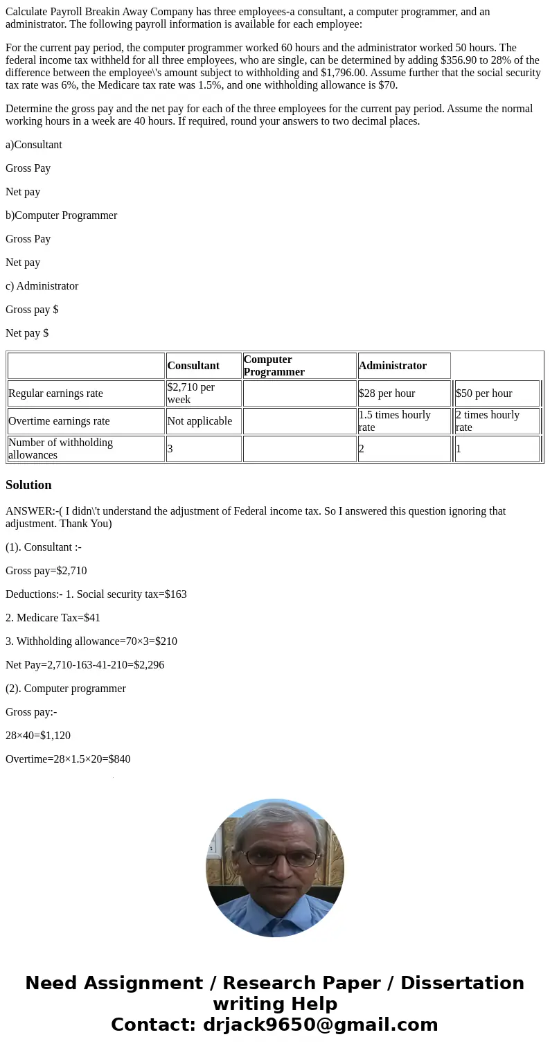 Calculate Payroll Breakin Away Company has three employees-a consultant, a computer programmer, and an administrator. The following payroll information is avail