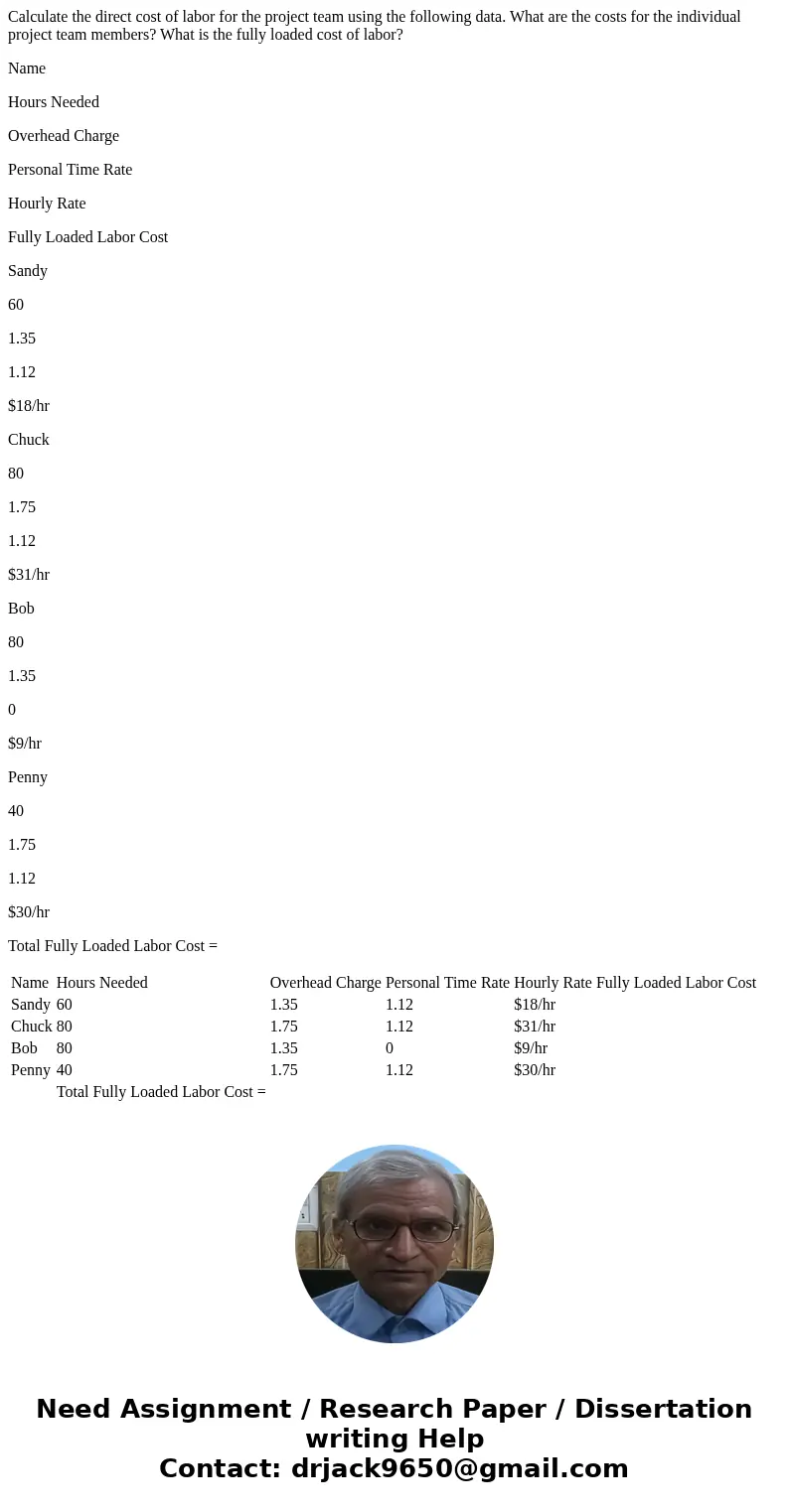 Calculate the direct cost of labor for the project team using the following data. What are the costs for the individual project team members? What is the fully 