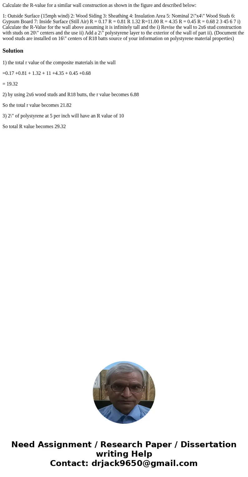 Calculate the R-value for a similar wall construction as shown in the figure and described below: 1: Outside Surface (15mph wind) 2: Wood Siding 3: Sheathing 4: Calculate the R-value for a similar wall construction as shown in the figure and described below: 1: Outside Surface (15mph wind) 2: Wood Siding 3: Sheathing 4: