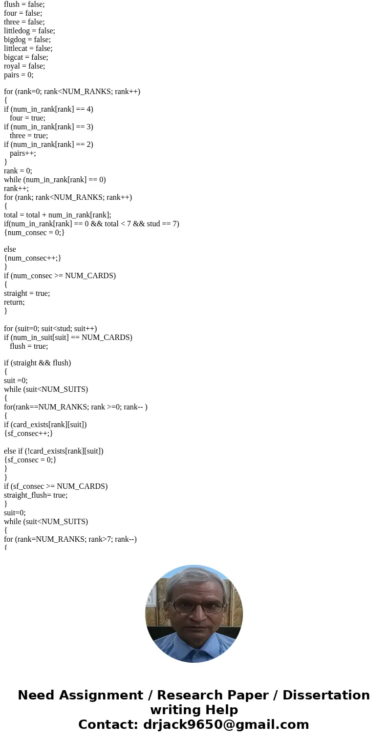 Can someone check to see why my true and false is not working? #include <stdbool.h> #include <stdio.h> #include <stdlib.h> #define NUM_RANKS 1 Can someone check to see why my true and false is not working? #include <stdbool.h> #include <stdio.h> #include <stdlib.h> #define NUM_RANKS 1