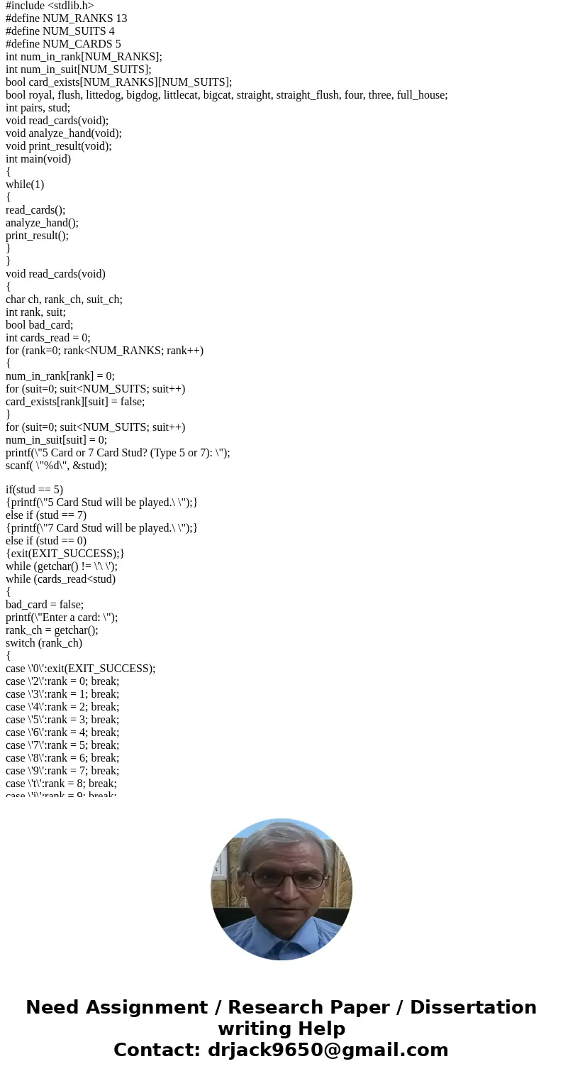 Can someone check to see why my true and false is not working? #include <stdbool.h> #include <stdio.h> #include <stdlib.h> #define NUM_RANKS 1 Can someone check to see why my true and false is not working? #include <stdbool.h> #include <stdio.h> #include <stdlib.h> #define NUM_RANKS 1