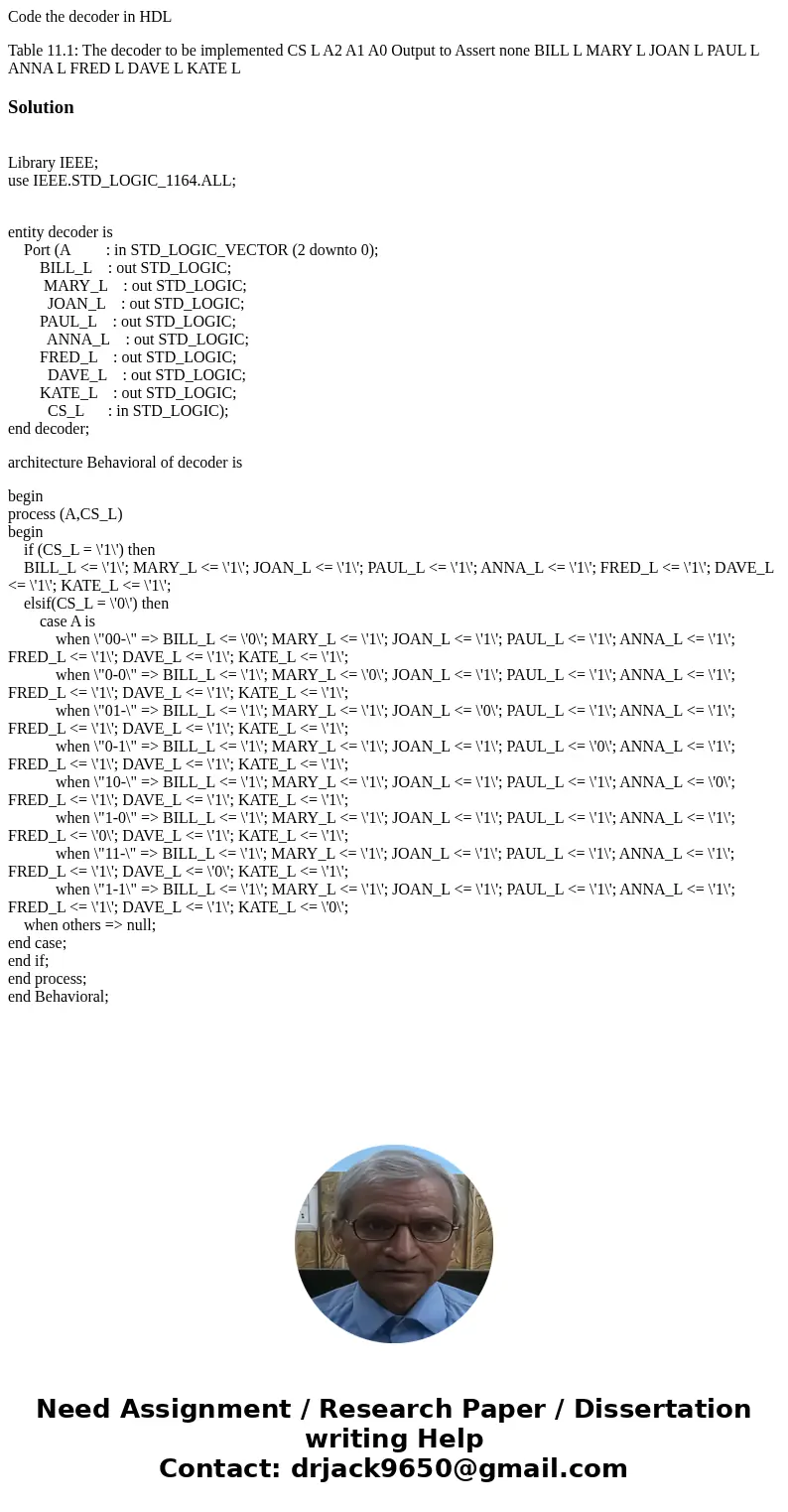 Code the decoder in HDL Table 11.1: The decoder to be implemented CS L A2 A1 A0 Output to Assert none BILL L MARY L JOAN L PAUL L ANNA L FRED L DAVE L KATE L So Code the decoder in HDL Table 11.1: The decoder to be implemented CS L A2 A1 A0 Output to Assert none BILL L MARY L JOAN L PAUL L ANNA L FRED L DAVE L KATE L So