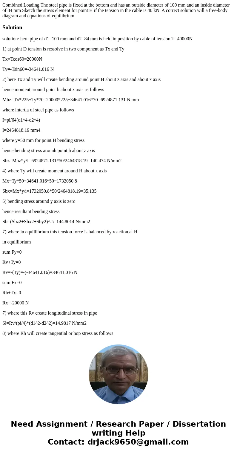 Combined Loading The steel pipe is fixed at the bottom and has an outside diameter of 100 mm and an inside diameter of 84 mm Sketch the stress element for poin  Combined Loading The steel pipe is fixed at the bottom and has an outside diameter of 100 mm and an inside diameter of 84 mm Sketch the stress element for poin