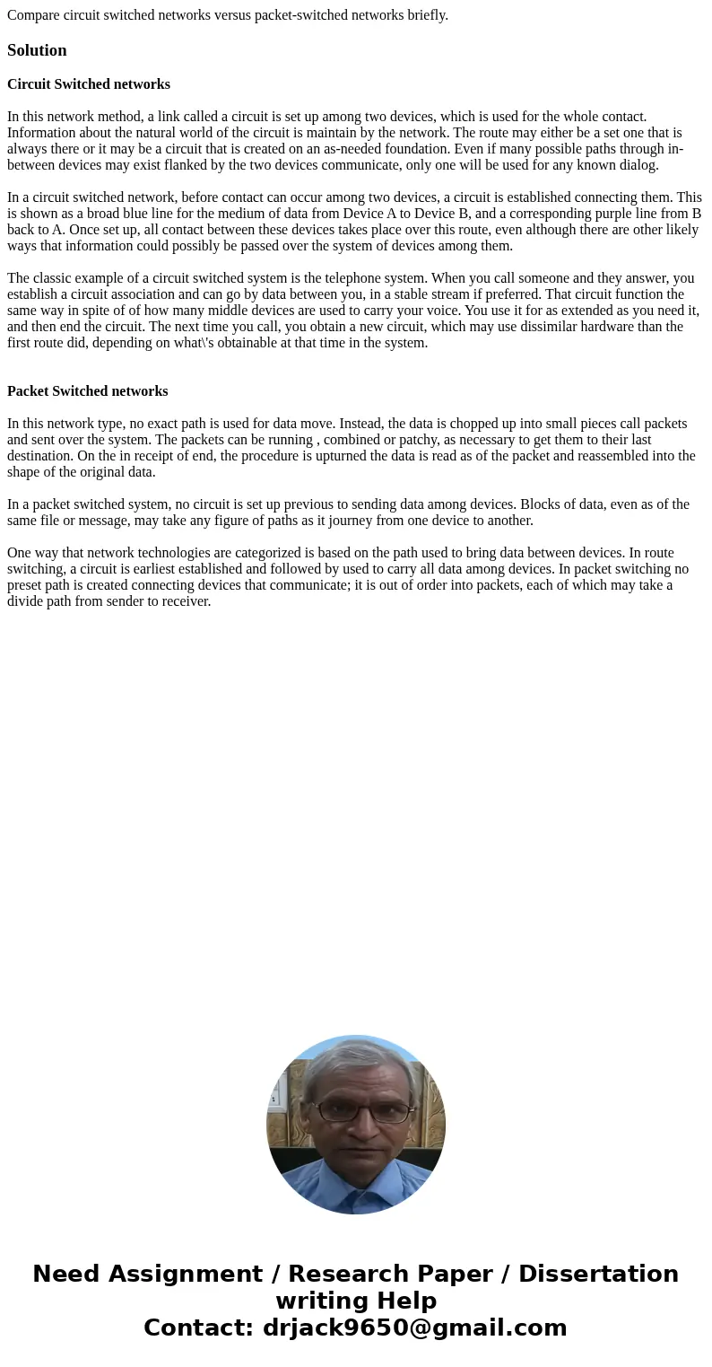  Compare circuit switched networks versus packet-switched networks briefly.SolutionCircuit Switched networks In this network method, a link called a circuit is 
