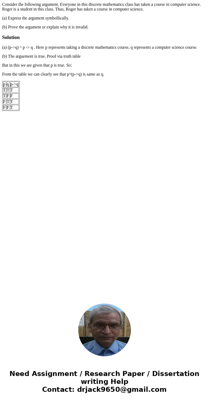 Consider the following argument. Everyone in this discrete mathematics class has taken a course in computer science. Roger is a student in this class. Thus, Rog Consider the following argument. Everyone in this discrete mathematics class has taken a course in computer science. Roger is a student in this class. Thus, Rog