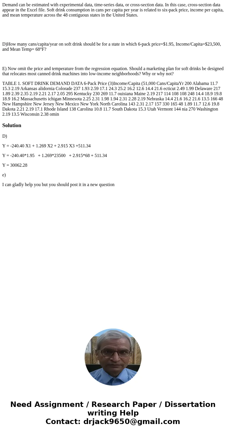 Demand can be estimated with experimental data, time-series data, or cross-section data. In this case, cross-section data appear in the Excel file. Soft drink c Demand can be estimated with experimental data, time-series data, or cross-section data. In this case, cross-section data appear in the Excel file. Soft drink c