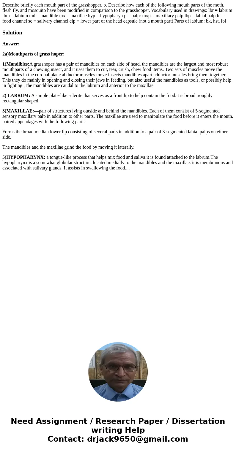 Describe briefly each mouth part of the grasshopper. b. Describe how each of the following mouth parts of the moth, flesh fly. and mosquito have been modified   Describe briefly each mouth part of the grasshopper. b. Describe how each of the following mouth parts of the moth, flesh fly. and mosquito have been modified