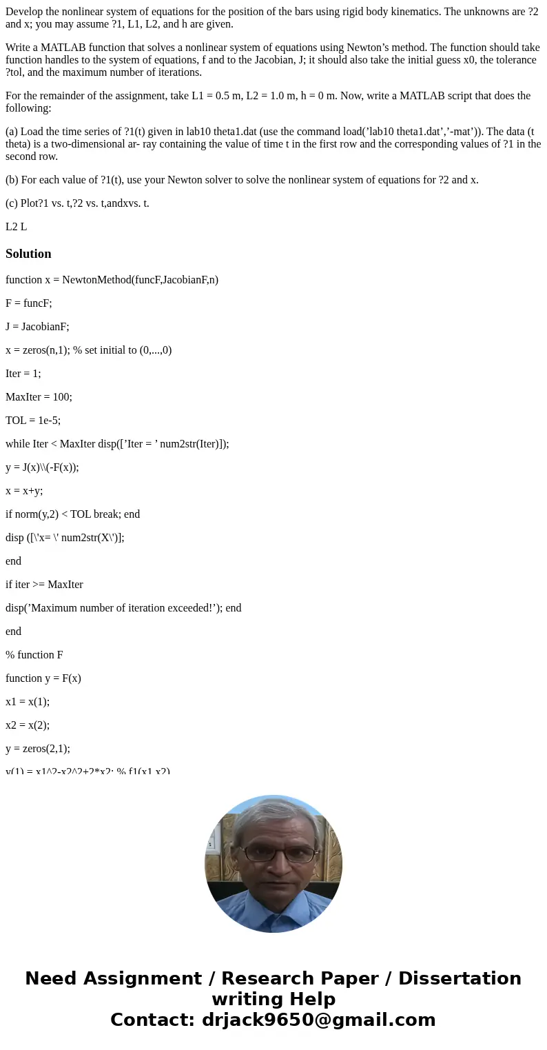 Develop the nonlinear system of equations for the position of the bars using rigid body kinematics. The unknowns are ?2 and x; you may assume ?1, L1, L2, and h  Develop the nonlinear system of equations for the position of the bars using rigid body kinematics. The unknowns are ?2 and x; you may assume ?1, L1, L2, and h
