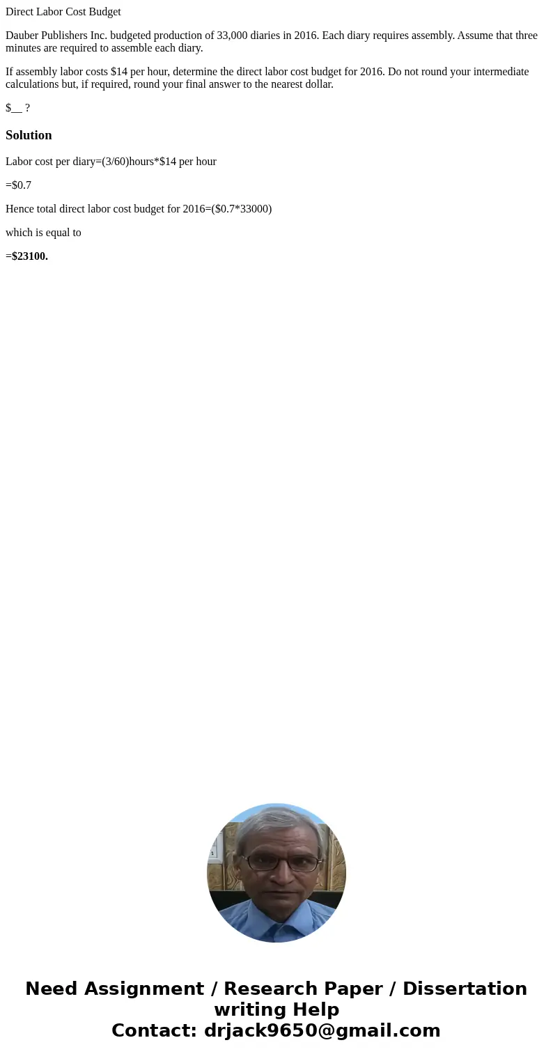 Direct Labor Cost Budget Dauber Publishers Inc. budgeted production of 33,000 diaries in 2016. Each diary requires assembly. Assume that three minutes are requi Direct Labor Cost Budget Dauber Publishers Inc. budgeted production of 33,000 diaries in 2016. Each diary requires assembly. Assume that three minutes are requi