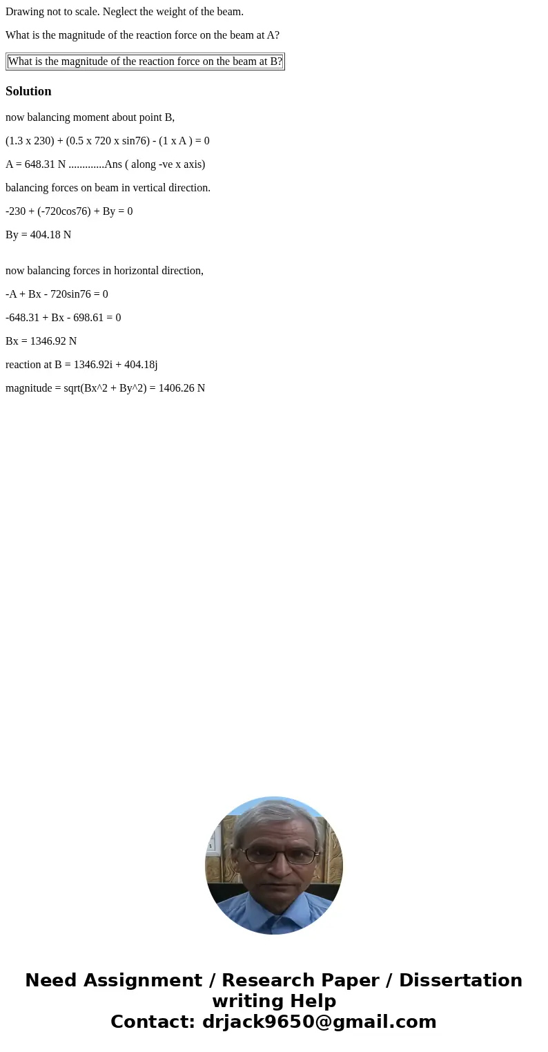 Drawing not to scale. Neglect the weight of the beam. What is the magnitude of the reaction force on the beam at A? What is the magnitude of the reaction force  Drawing not to scale. Neglect the weight of the beam. What is the magnitude of the reaction force on the beam at A? What is the magnitude of the reaction force