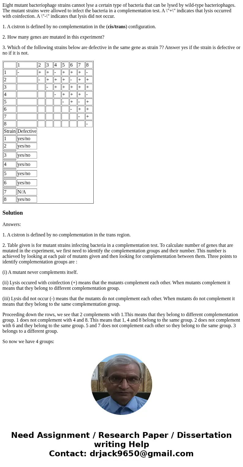 Eight mutant bacteriophage strains cannot lyse a certain type of bacteria that can be lysed by wild-type bacteriophages. The mutant strains were allowed to infe Eight mutant bacteriophage strains cannot lyse a certain type of bacteria that can be lysed by wild-type bacteriophages. The mutant strains were allowed to infe