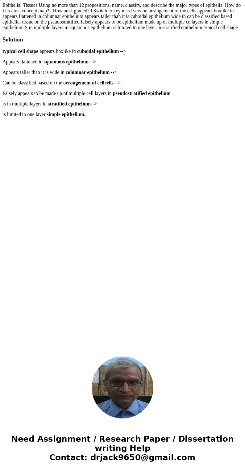 Epithelial Tissues Using no more than 12 propositions, name, classify, and describe the major types of epithelia. How do I create a concept map? l How am I gra  Epithelial Tissues Using no more than 12 propositions, name, classify, and describe the major types of epithelia. How do I create a concept map? l How am I gra