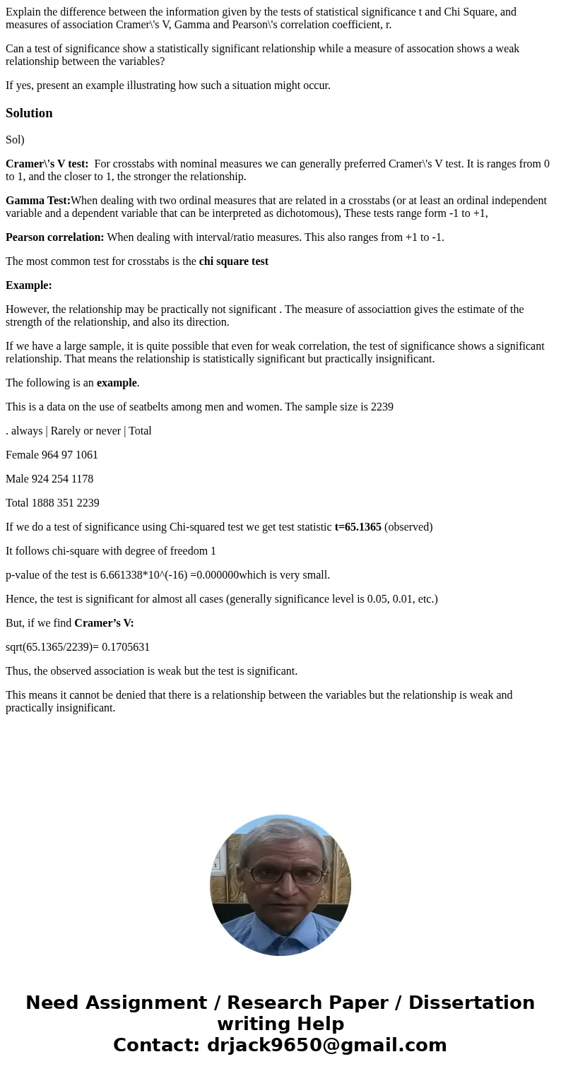 Explain the difference between the information given by the tests of statistical significance t and Chi Square, and measures of association Cramer\'s V, Gamma a Explain the difference between the information given by the tests of statistical significance t and Chi Square, and measures of association Cramer\'s V, Gamma a