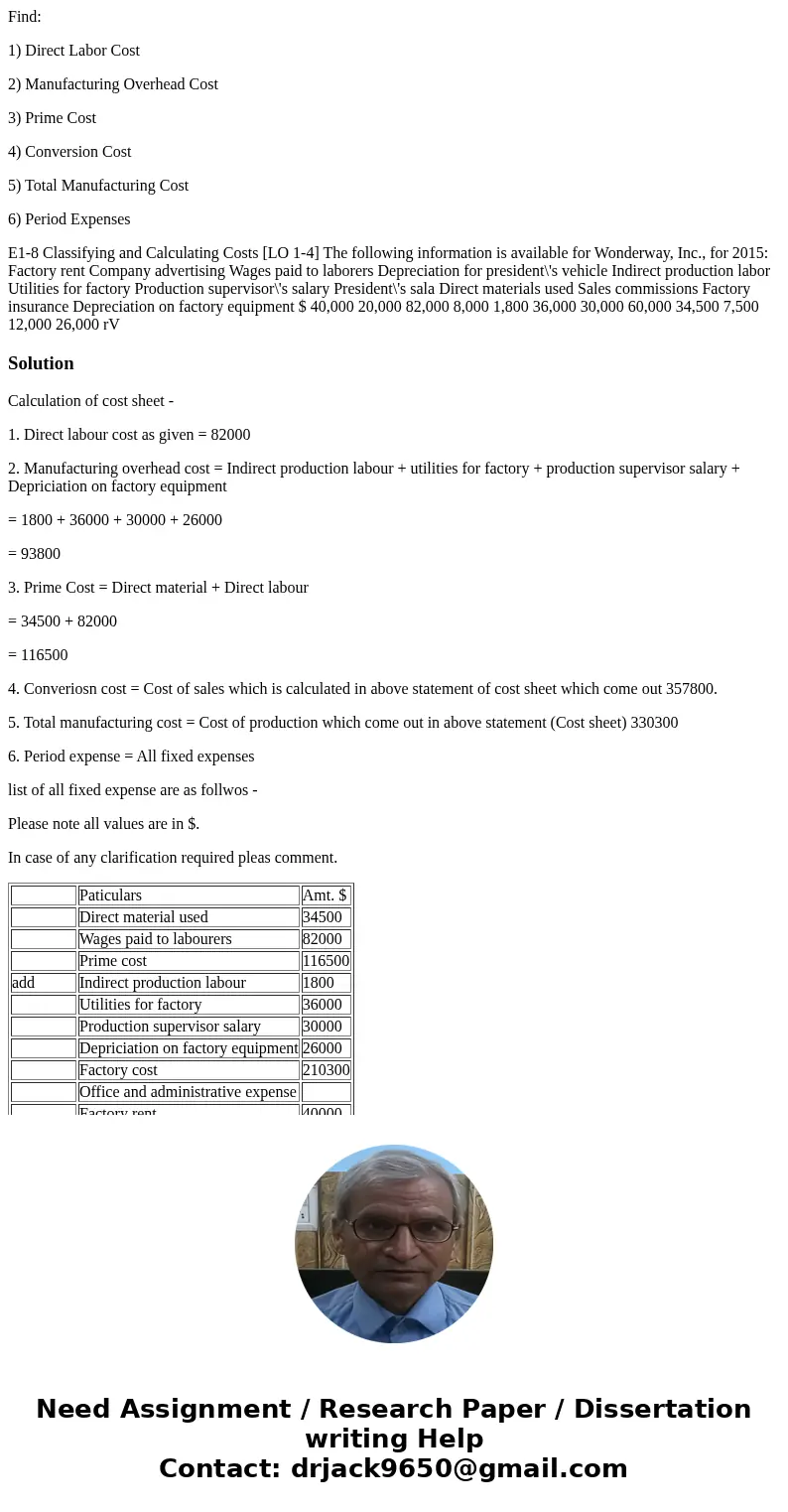 Find: 1) Direct Labor Cost 2) Manufacturing Overhead Cost 3) Prime Cost 4) Conversion Cost 5) Total Manufacturing Cost 6) Period Expenses E1-8 Classifying and C Find: 1) Direct Labor Cost 2) Manufacturing Overhead Cost 3) Prime Cost 4) Conversion Cost 5) Total Manufacturing Cost 6) Period Expenses E1-8 Classifying and C