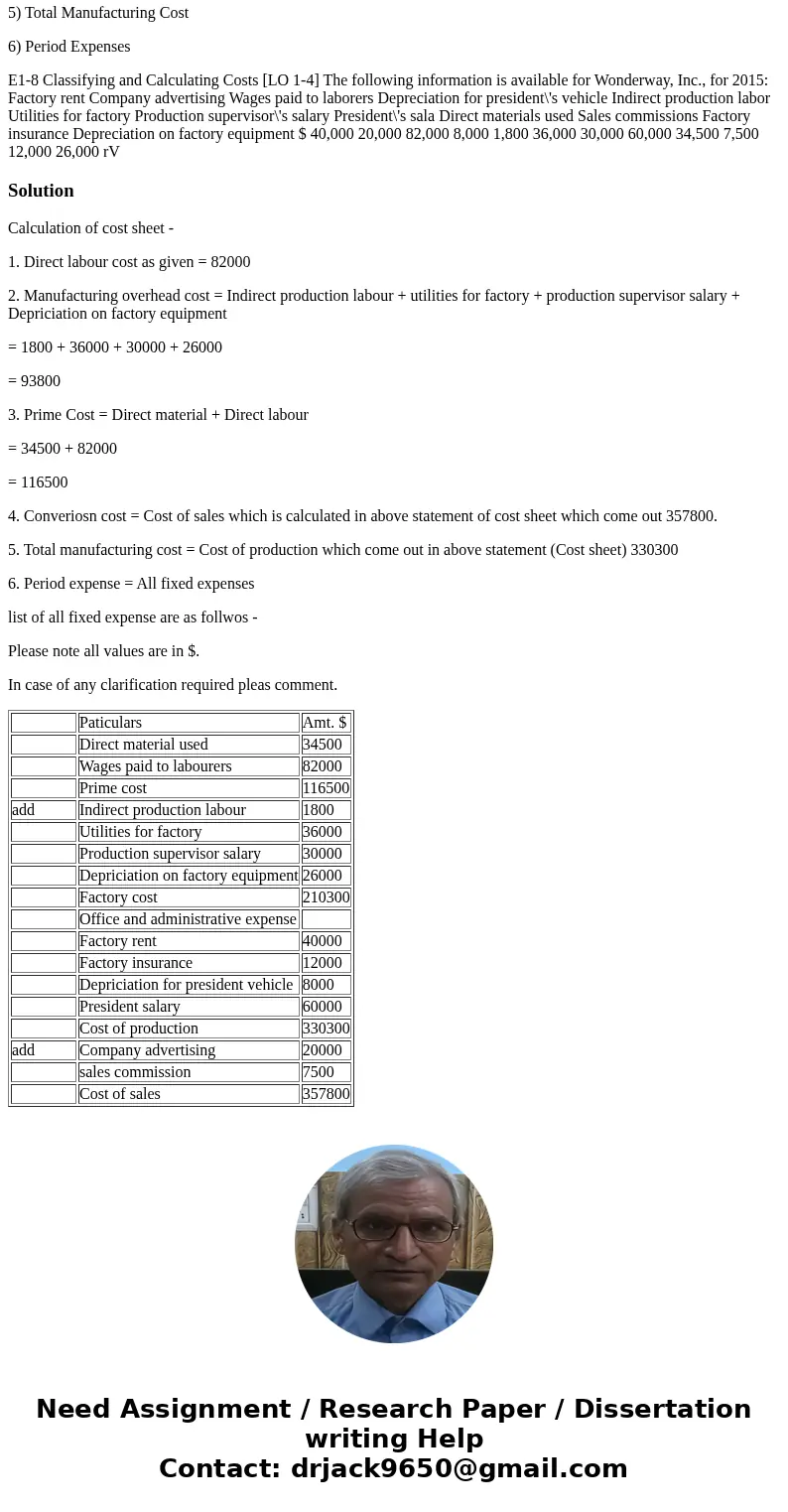 Find: 1) Direct Labor Cost 2) Manufacturing Overhead Cost 3) Prime Cost 4) Conversion Cost 5) Total Manufacturing Cost 6) Period Expenses E1-8 Classifying and C Find: 1) Direct Labor Cost 2) Manufacturing Overhead Cost 3) Prime Cost 4) Conversion Cost 5) Total Manufacturing Cost 6) Period Expenses E1-8 Classifying and C