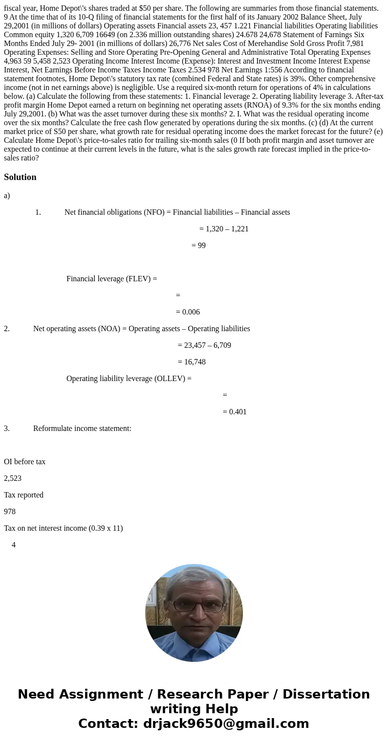  fiscal year, Home Depot\'s shares traded at $50 per share. The following are summaries from those financial statements. 9 At the time that of its 10-Q filing o