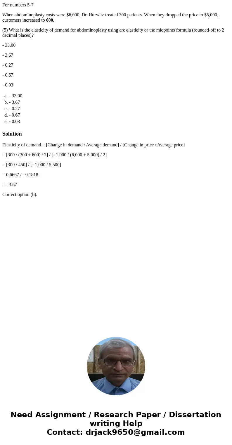 For numbers 5-7 When abdominoplasty costs were $6,000, Dr. Hurwitz treated 300 patients. When they dropped the price to $5,000, customers increased to 600. (5)  For numbers 5-7 When abdominoplasty costs were $6,000, Dr. Hurwitz treated 300 patients. When they dropped the price to $5,000, customers increased to 600. (5)