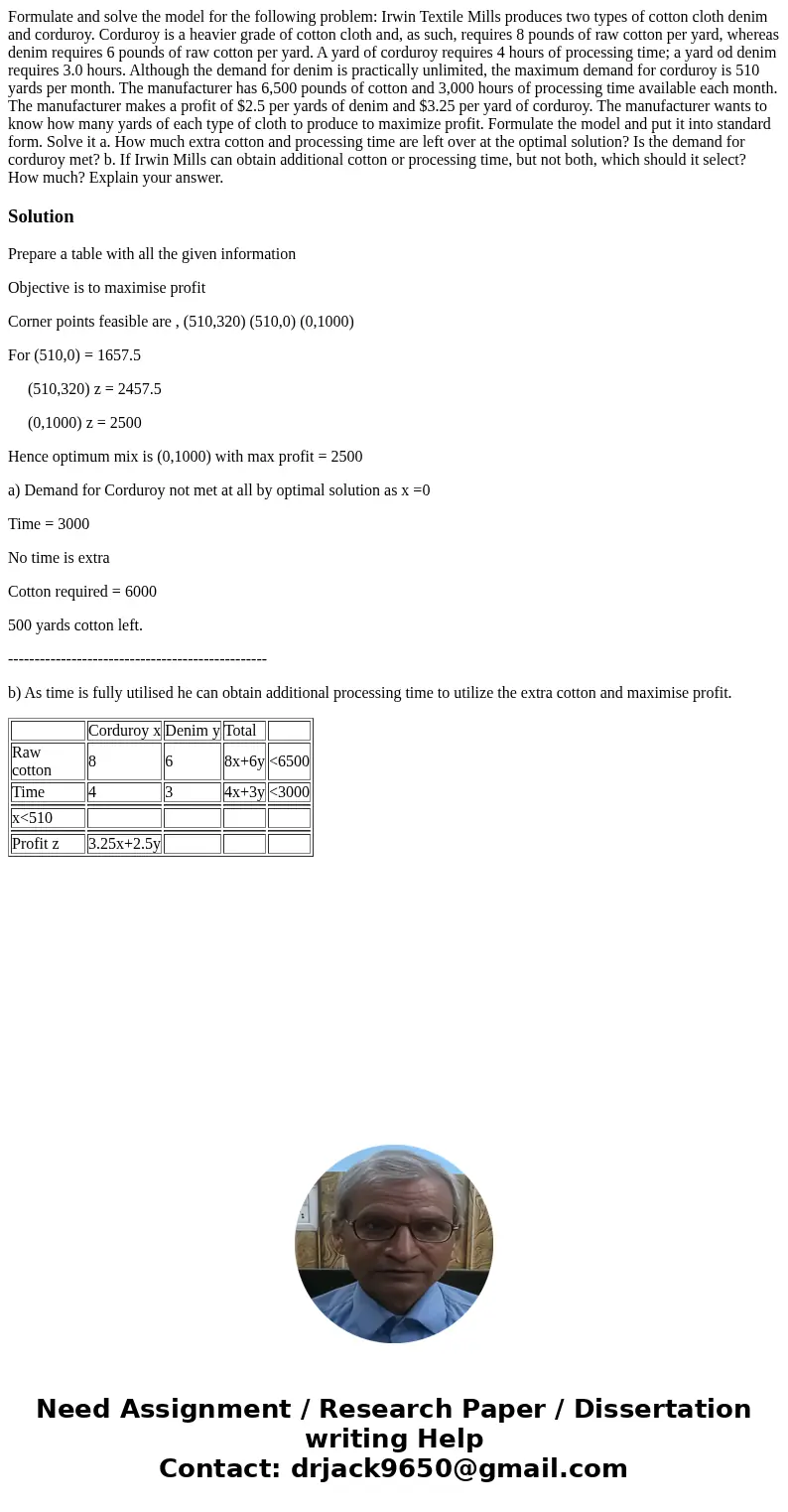 Formulate and solve the model for the following problem: Irwin Textile Mills produces two types of cotton cloth denim and corduroy. Corduroy is a heavier grade  Formulate and solve the model for the following problem: Irwin Textile Mills produces two types of cotton cloth denim and corduroy. Corduroy is a heavier grade