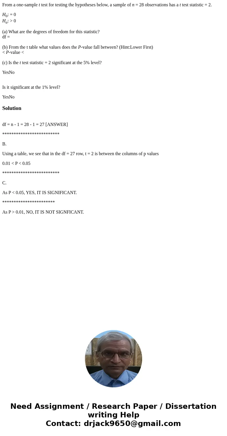 From a one-sample t test for testing the hypotheses below, a sample of n = 28 observations has a t test statistic = 2. H0: = 0 Ha: > 0 (a) What are the degre From a one-sample t test for testing the hypotheses below, a sample of n = 28 observations has a t test statistic = 2. H0: = 0 Ha: > 0 (a) What are the degre