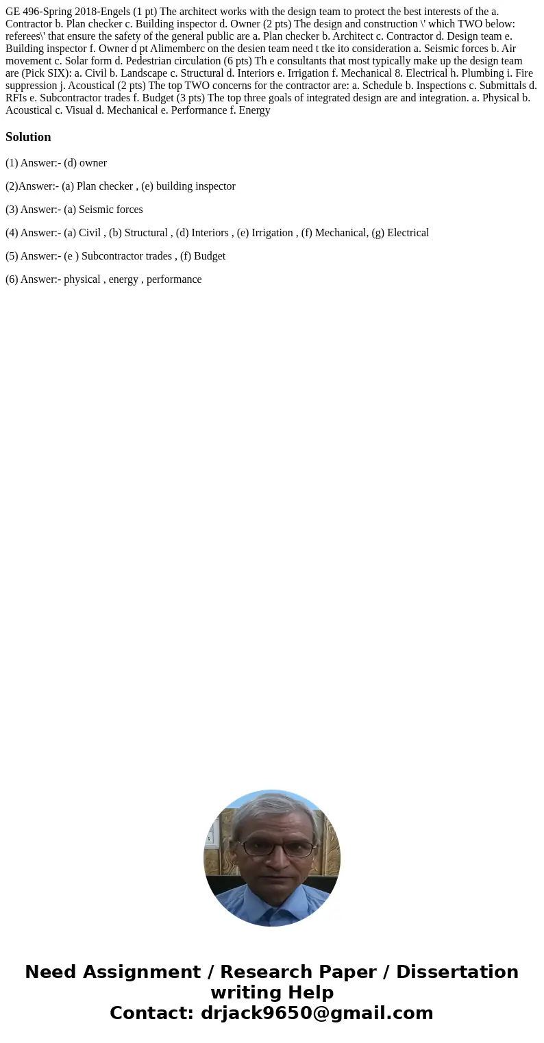 GE 496-Spring 2018-Engels (1 pt) The architect works with the design team to protect the best interests of the a. Contractor b. Plan checker c. Building inspec  GE 496-Spring 2018-Engels (1 pt) The architect works with the design team to protect the best interests of the a. Contractor b. Plan checker c. Building inspec