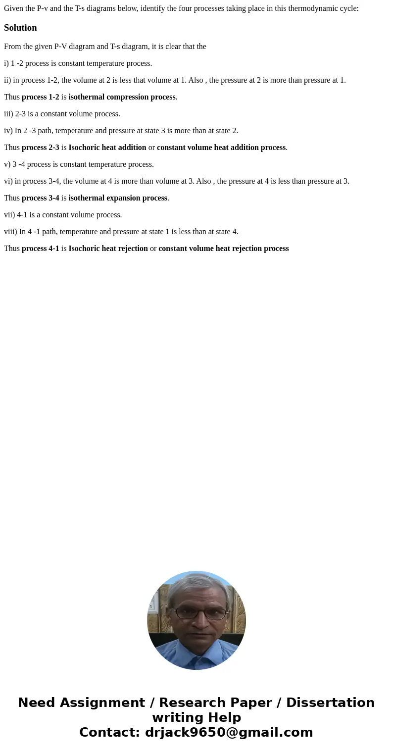  Given the P-v and the T-s diagrams below, identify the four processes taking place in this thermodynamic cycle:SolutionFrom the given P-V diagram and T-s diagr