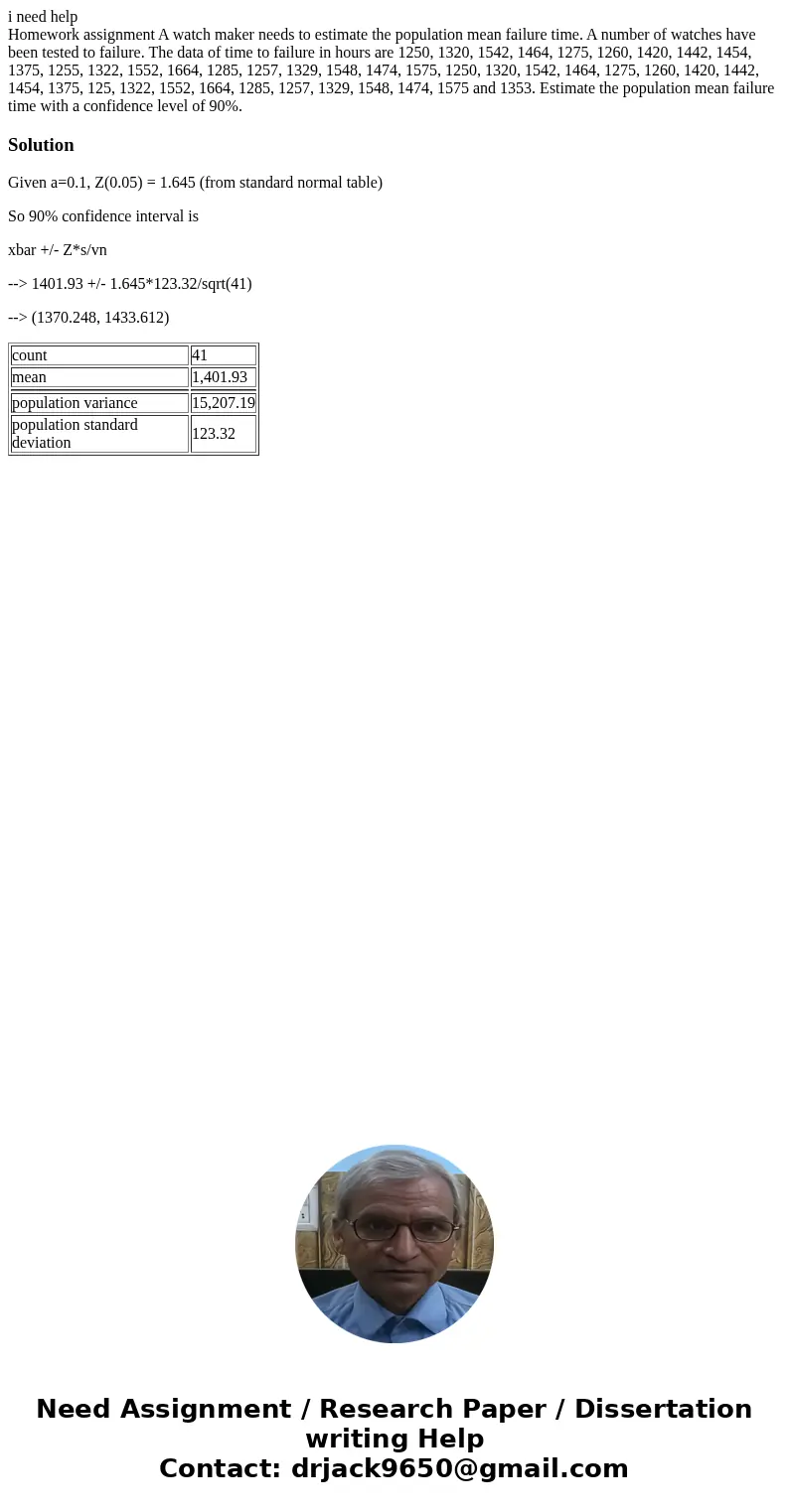 i need help Homework assignment A watch maker needs to estimate the population mean failure time. A number of watches have been tested to failure. The data of t i need help Homework assignment A watch maker needs to estimate the population mean failure time. A number of watches have been tested to failure. The data of t